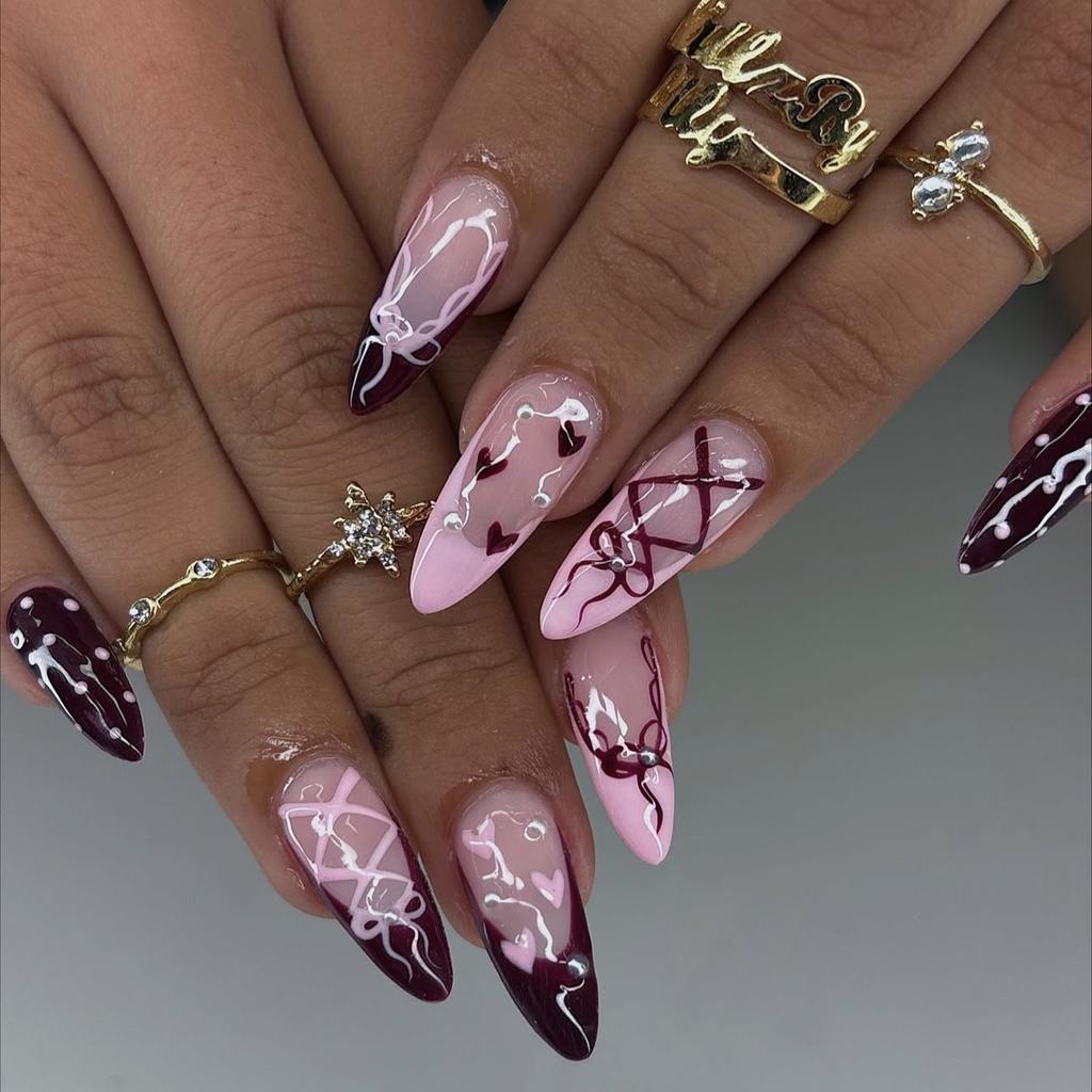 30PCS Almond Shape with Bow Fake Nails Simple White Floral Painted French Design Press On Nails Sweet Gentle Removable Manicure