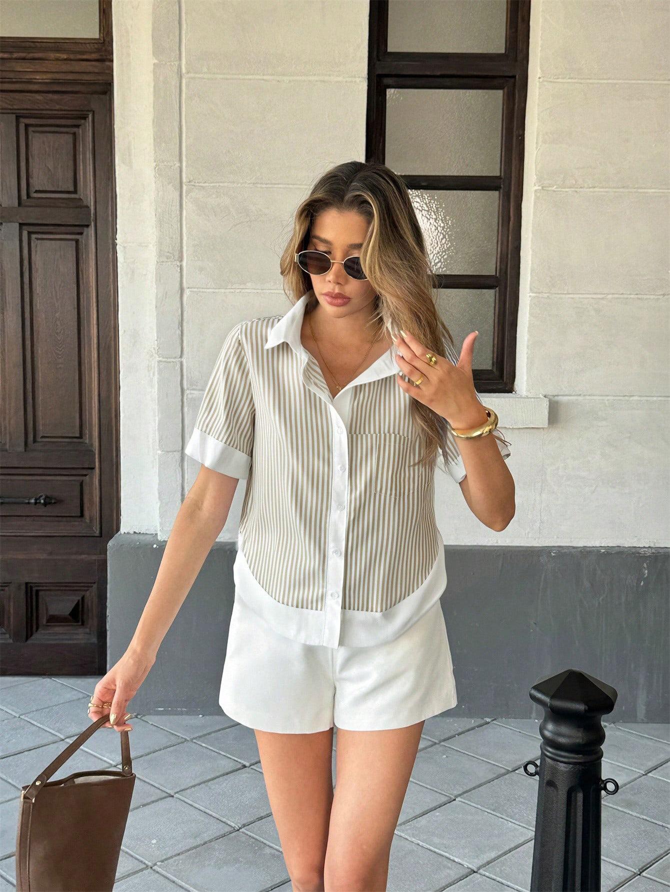 Women Striped Print Short Sleeve Blouse V Neck Elegant Color Block Casual Office Top XL