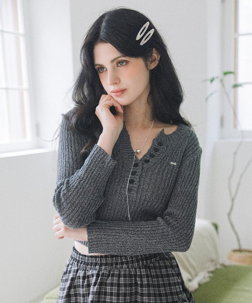 KOOLKITTEN Back-Tie Ribbed Button Knit Top