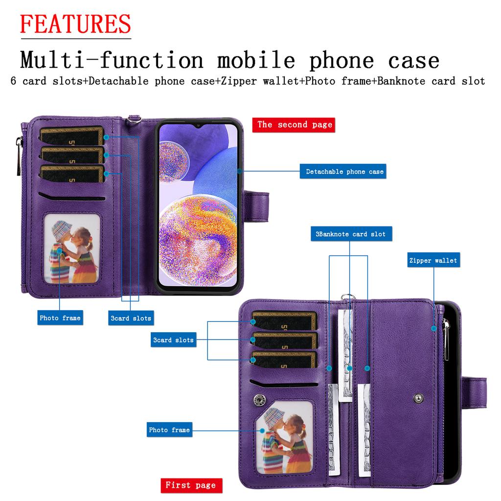 Zipper Leather Wallet Magnetic Detachable Case for Samsung Galaxy S22 Ultra S21 FE S20 A52 A13 A23 A33 A53 A12 Cards Solt Cover