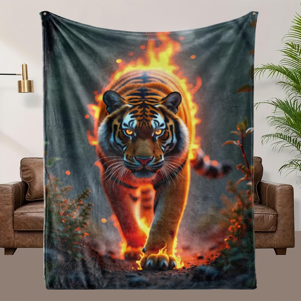 1pc Flame Tiger Blanket - Soft Flannel-like Texture, All-Season Luxury Bedspread/Throw - Machine Washable Polyester - Perfect Gi