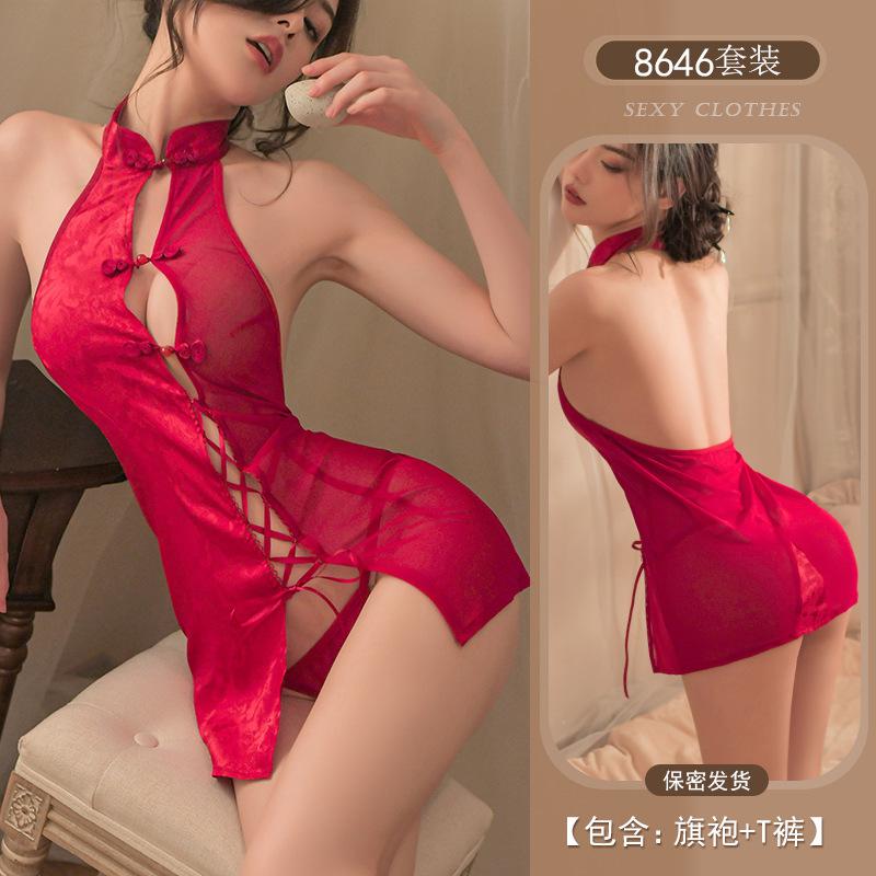 Sexy Lingerie Cheongsam Uniform Sexy Perspective Temptation Split Lace Passion Suit
