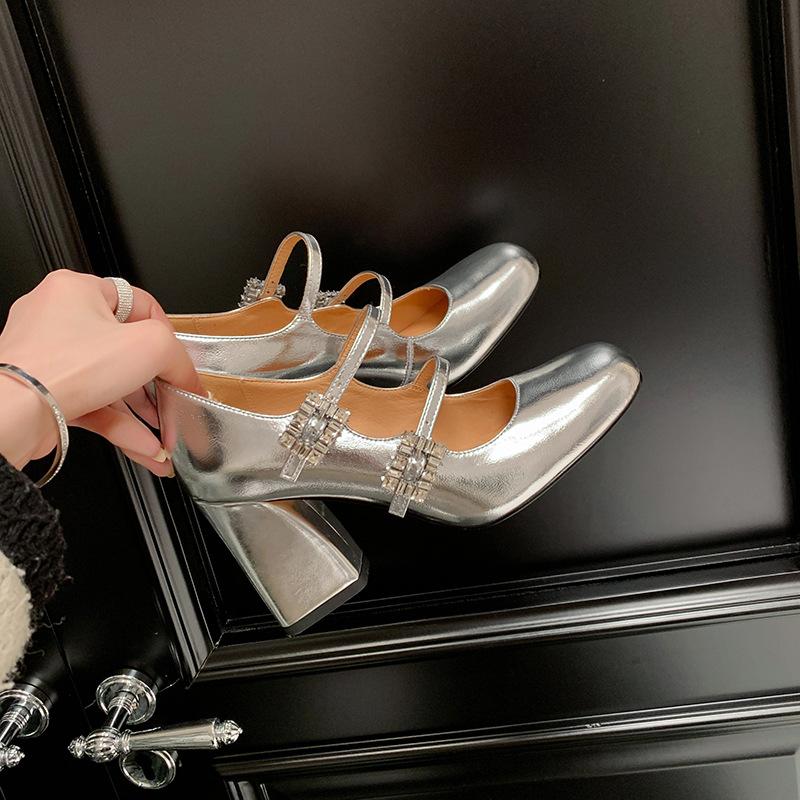 French temperament rhinestone thick heel Mary Jane shoes silver high heels light mouth square head button with skirt single shoes women