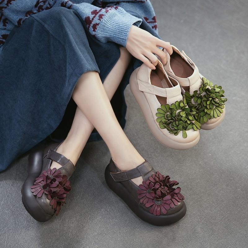 Johnature Ethnic Style Flower Thick Soled Sandals Genuine Leather Versatile Women's Platform Shoes