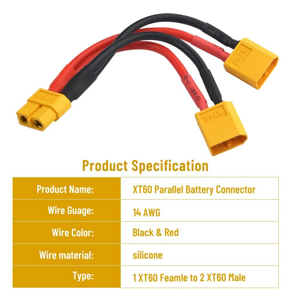 1/2pcs 14AWG XT60 Parallel Battery Connector 2-Male To 1-Female XT-60 Cable Dual Extension Y Splitter Harness Adapter