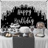 Black White Silver Happy Birthday Banner Decorations for Women Girls, Black Silver Happy Birthday Backdrop Sign Party Supplies, 16th 21st 30th 40th