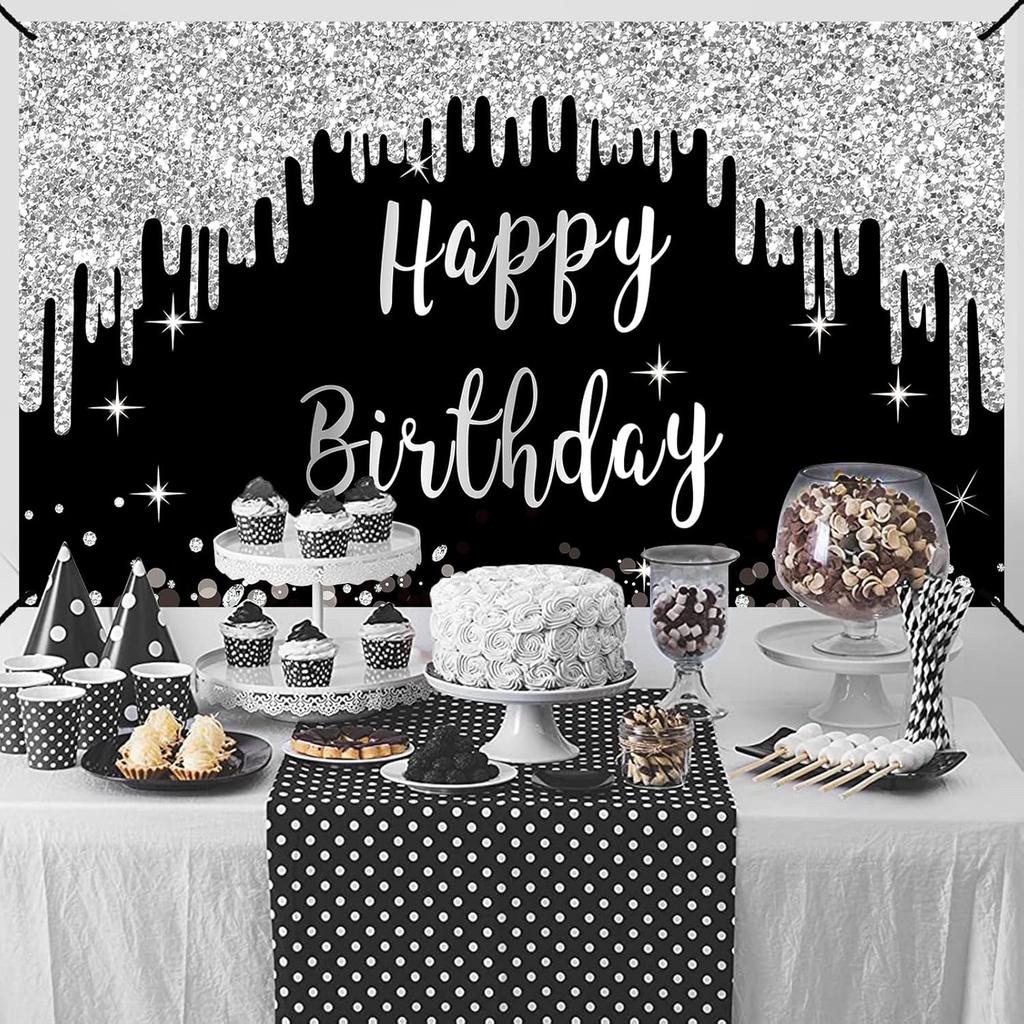 Black White Silver Happy Birthday Banner Decorations for Women Girls, Black Silver Happy Birthday Backdrop Sign Party Supplies, 16th 21st 30th 40th