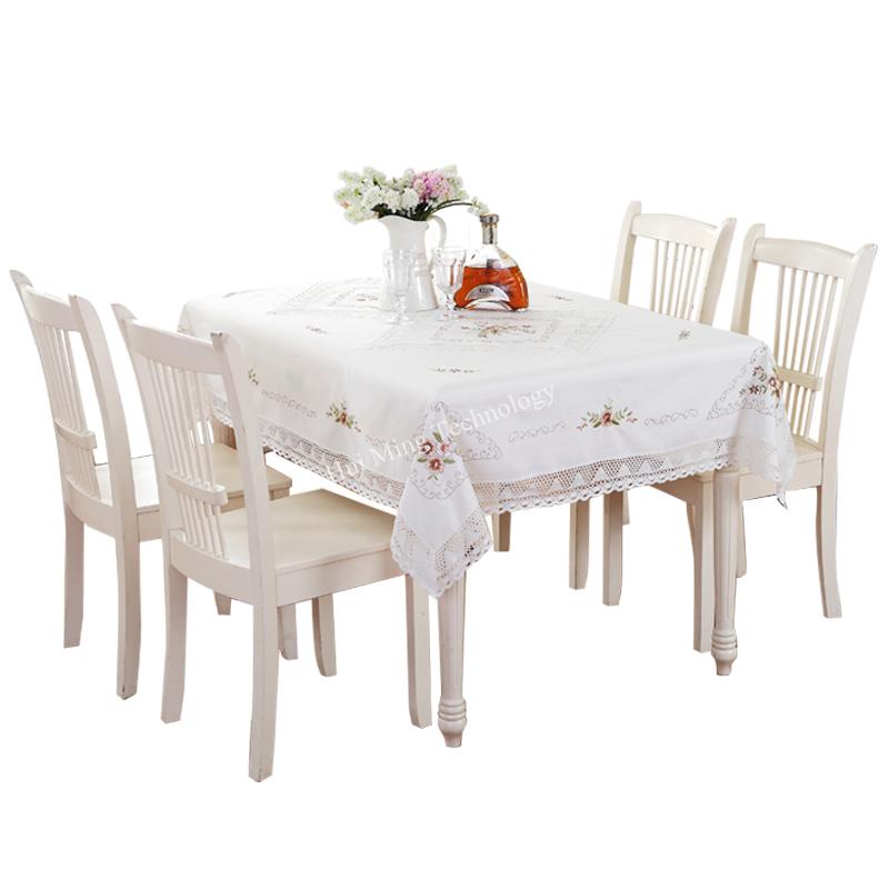 Nappe Coton Blanc Fil Europe Brodé Jupe de Table Couverture Table à Manger Dentelle Fleurie Pastoral Couverture Serviette Table Basse