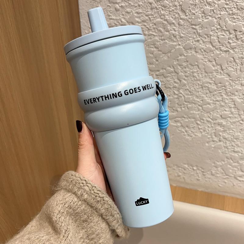 710ml Mode Edelstahl 304 Thermoskanne mit Strohhalm Auslaufsicher Kaffee Tee Kaltgetränk Auto Thermoflasche Reisebecher