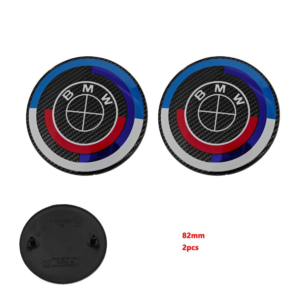 MLKQ6 Carbon Fiber Black Logo Front Hood Emblem 82mm+Rear Badge 74mm+Wheel Hub Cap 68mm/56mm+steering Wheel Sticker 45mm for All BMW