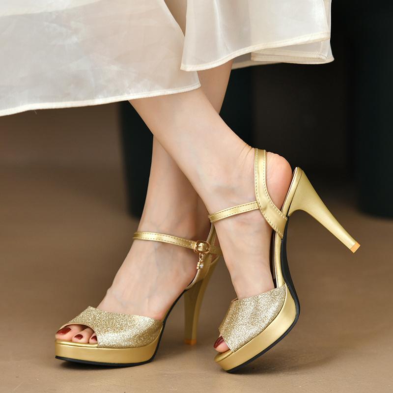 Women's shoes summer new fish mouth sandals one-word buckle with thin heel waterproof table high heel