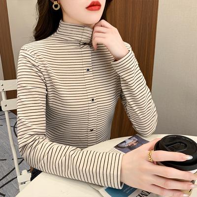 Striped Half Turtleneck Bottoming Shirt For Women 2024 Autumn And Winter New Style German Velvet Warm Long-sleeved T-shirt With Fashionable Top