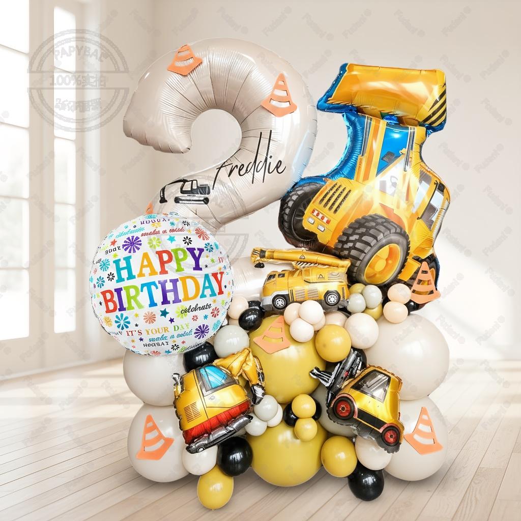 60pcs Construction Vehicle Balloon Cream White Number Birthday Balloon Set Architecture Theme Party Decoration Festival Supplies