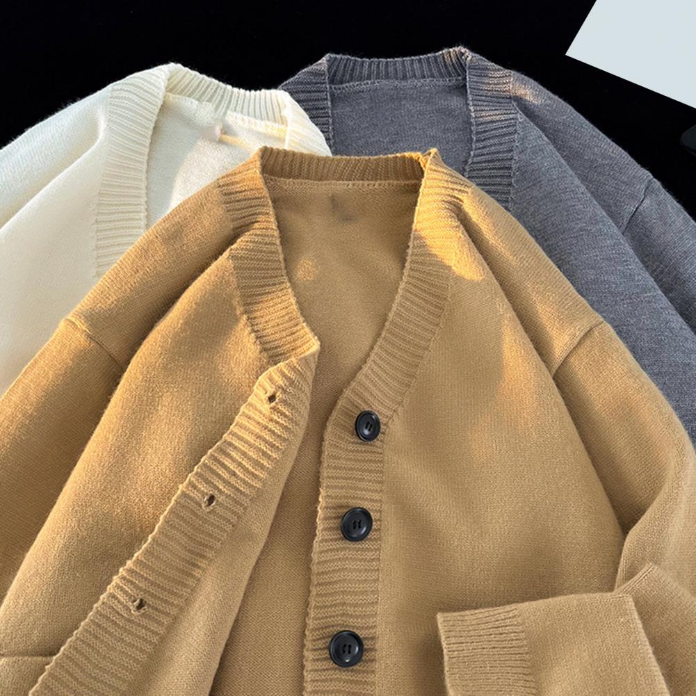 Fall Winter Men Sweater Cardigan V Neck Knit Thick Elastic Long Sleeves Slim Fit Warm Solid Color Bottoming Knitwear Daily Wear