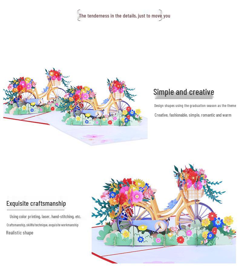 Fresh Style Bicycle 3D Pop-up Greeting Card with Flowers