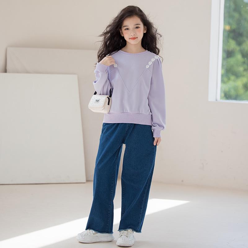 Höst 2025 Flickors Denimset: Sweatshirt & Byxor med vida ben för åldrarna 9-12