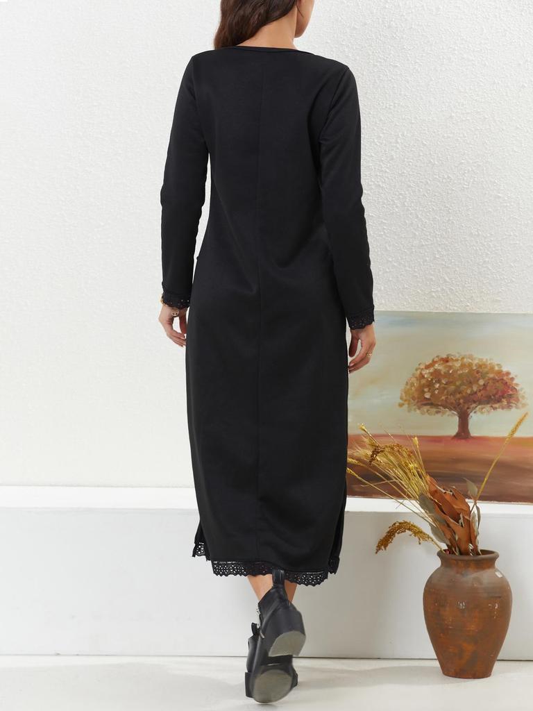 2023 Autumn Loose Plus Size Knit Lace Long Fleece Sweatshirt Dress