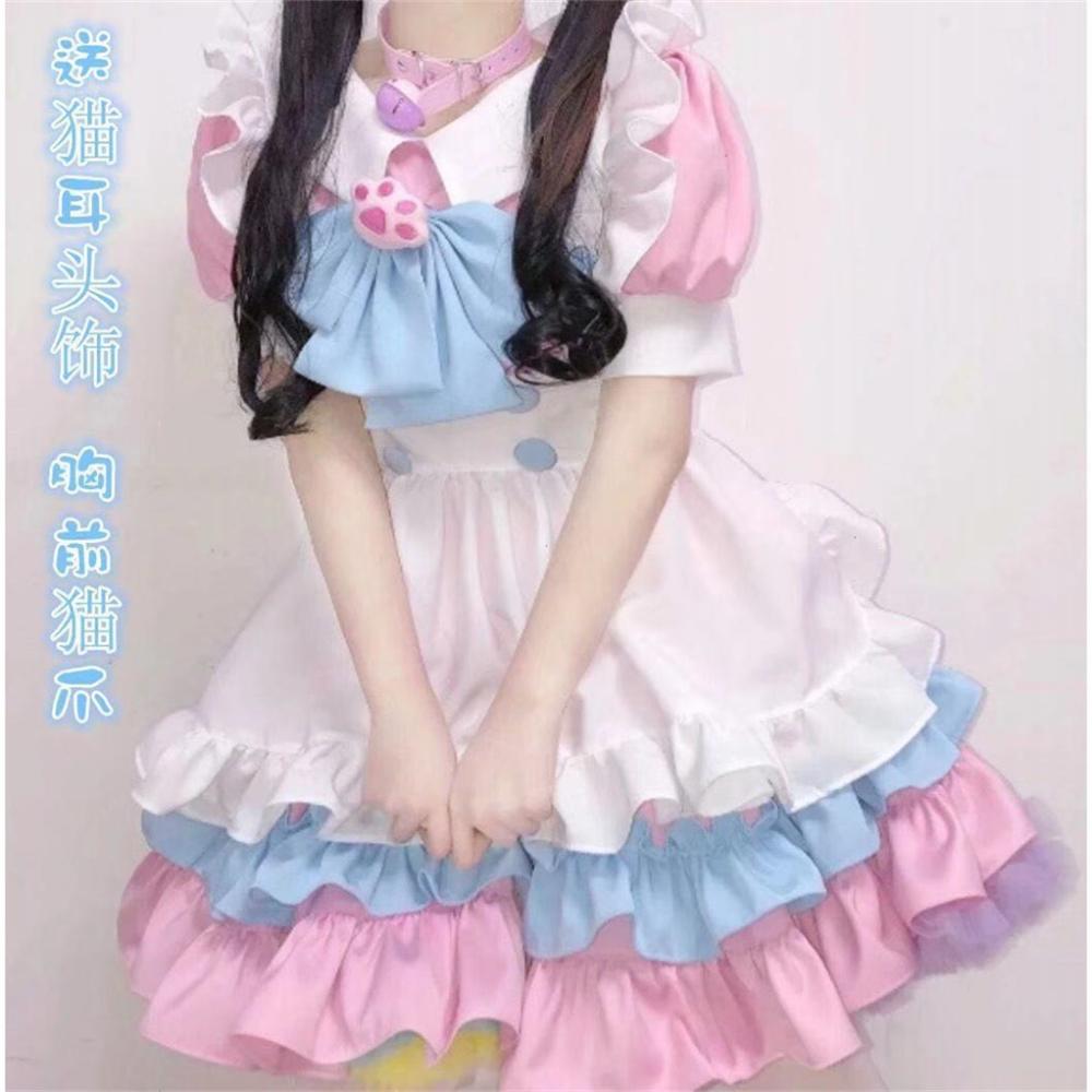 Kawaii Cute Lolita Maid Costumes Girls Women Lovely Maid Cosplay Costume Animation Show Japanese Outfit Dress Clothes Pink +Blue