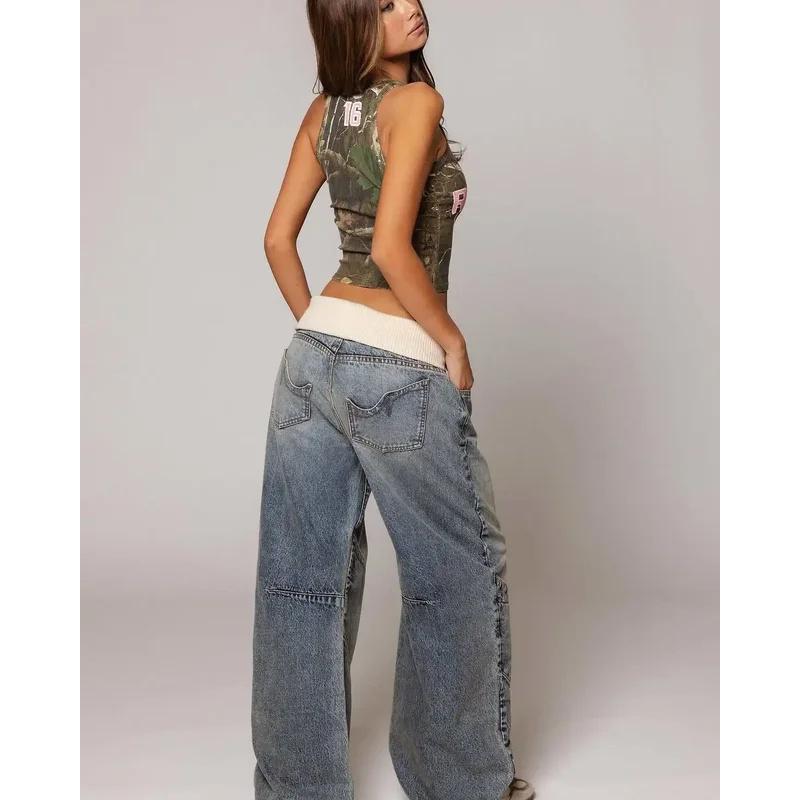 BeatStreet Y2K Hip-hop Stiksels Mode Joker Retro Jeans Vrouwelijk Koreaanse Casual Eenvoudige Jurk Essentieel Wijde Pijpen Broeken Losse Joker Overall