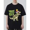 Camiseta Árvore Negra Rex Dinossauro Luzes de Natal Chapéu de Papai Noel Estampa Roupa Casual para Homens e Mulheres Roupa de Festa de Feriado