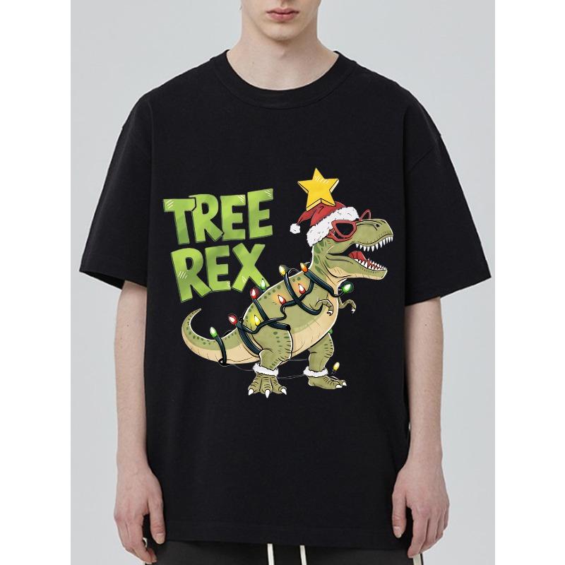 T-Shirt Schwarzer Baum Rex Dinosaurier Weihnachtsbeleuchtung Weihnachtsmannmütze Druck Freizeitkleidung für Männer und Frauen Feiertagsparty Outfit