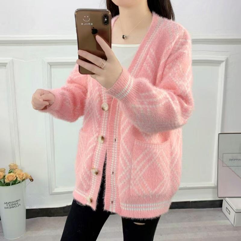 New imitation mink women's plaid loose lazy wind fairy sister student sweater women's jacket knitted cardigan