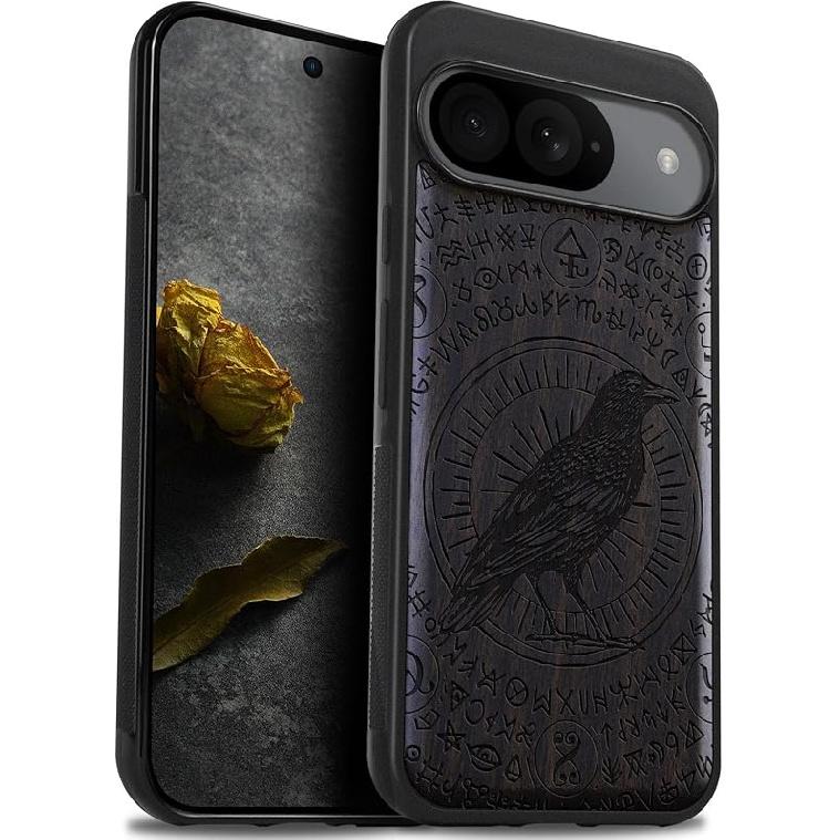 Carveit Wood Case for Pixel 9 Case [Natural Wood & Black Soft TPU] Shockproof Protective Cover Unique Wooden Design Compatible with Google Pixel 9 Crow-Black