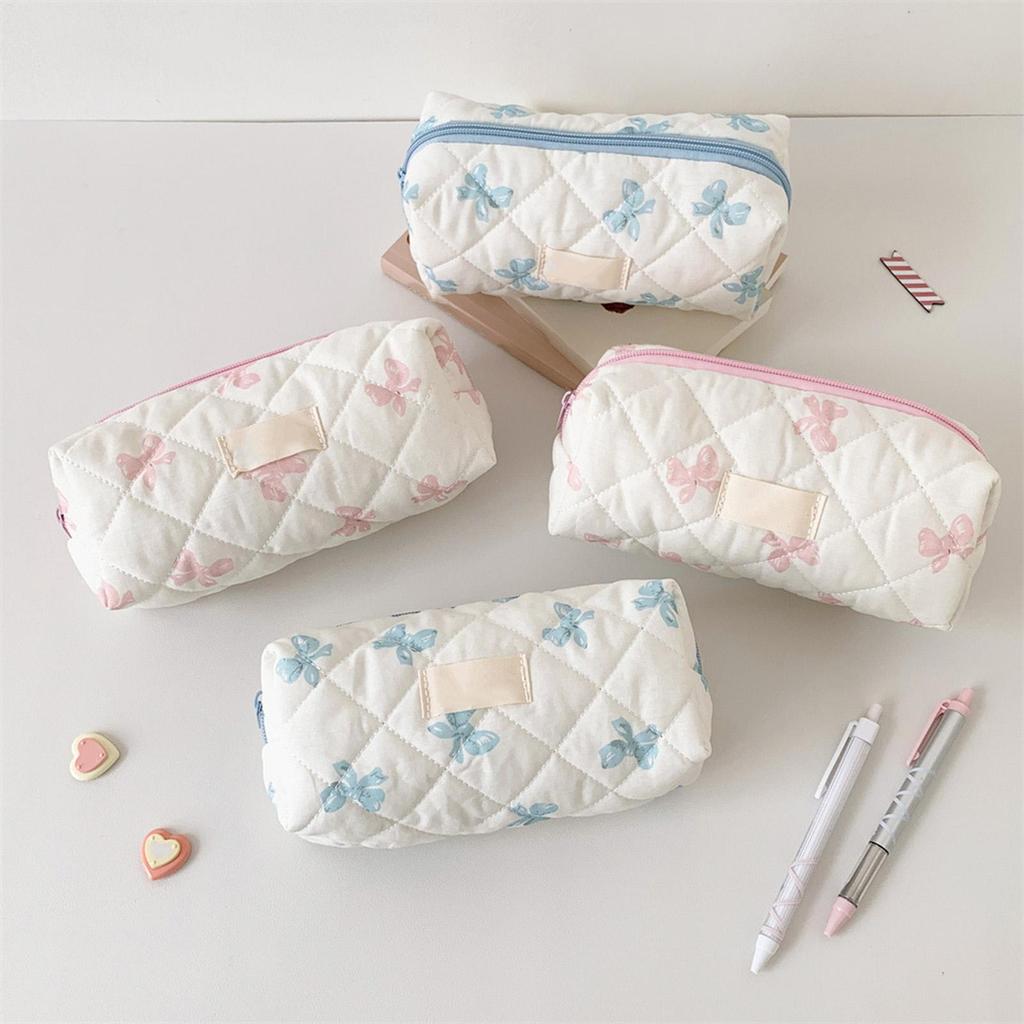 Cute Pencil Case Aesthetic Bow Pattern Stationery Bag Cosmetic Organizer Portable Case Toiletry Makeup Pouch for College Student