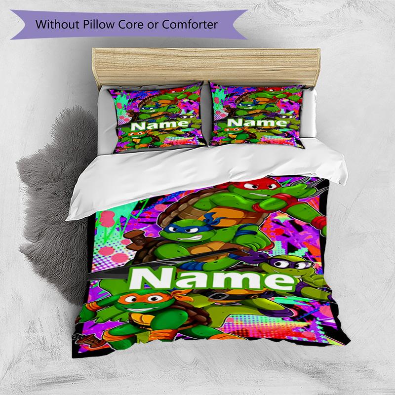 3pcs Duvet Cover Set (1*Duvet Cover + 2*Pillowcase, Without Core), Custom Name Teenage Mutant Ninja Turtles Pattern Bedding Set, Home Bedroom Decor Gi
