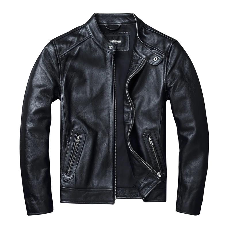 Men's Casual Slim Black Genuine Leather Jacket Fashion Real Cowhide Vintage Motorcycle Biker Coat Spring Autumn