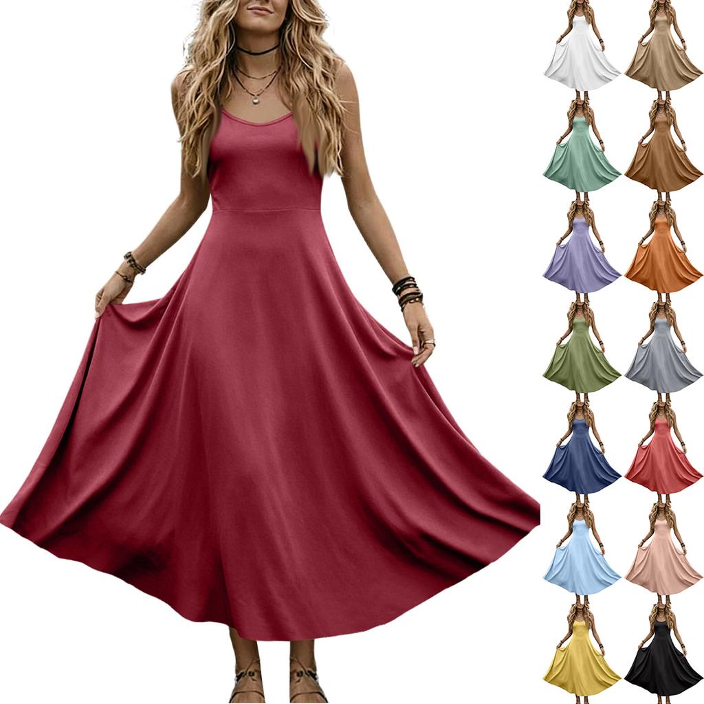 Women V Neck Sleeveless Long Dress Summer Spaghetti Strap Casual Loose Fit Maxi Dress Solid A Line Sundress