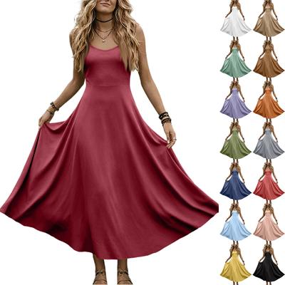 Damen ärmelloses V-Ausschnitt Maxikleid Sommer einfarbig lang lässig fließend Spaghettiträger lockere Passform Sommerkleid für den täglichen Gebrauch