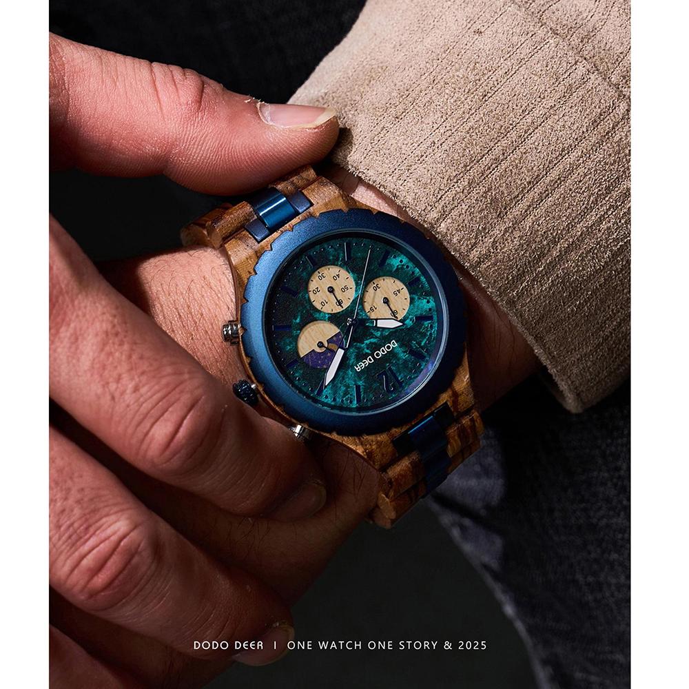 Herrenuhren Holzarmband Mode Blaues Zifferblatt Uhren Luxus Datum Chronograph Leuchtend Holz Armbanduhr Für Mann
