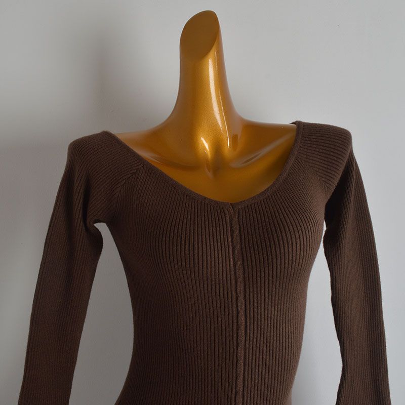 French Style New Arrival Pure Color V-neck Flared Sleeves Knitting Dress Women's Clothing Spring & Fall Winter Silm Slim Looking Bodycon Dress