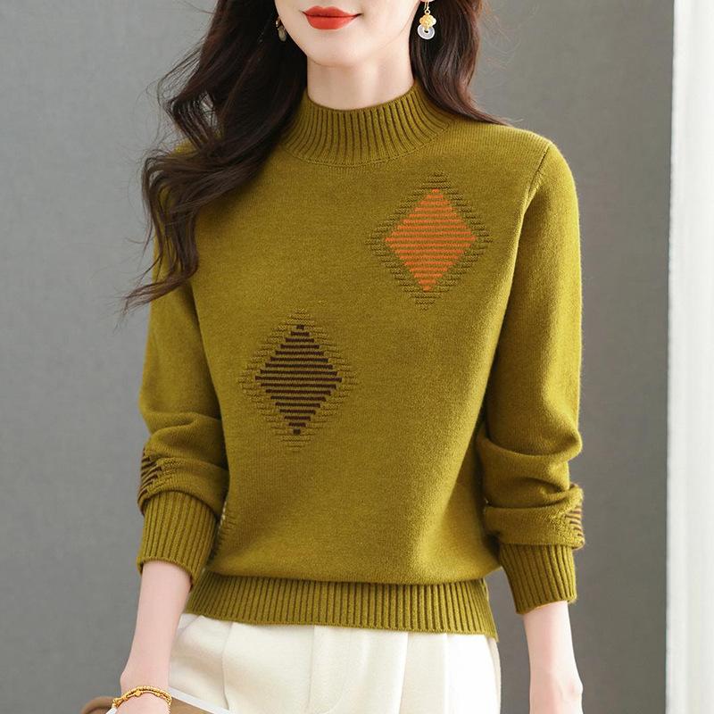 Solid-color Sweater Women's Trendy Casual Long-sleeved Knitted Sweater Loose Half Turtleneck Pullover Autumn and Winter Top