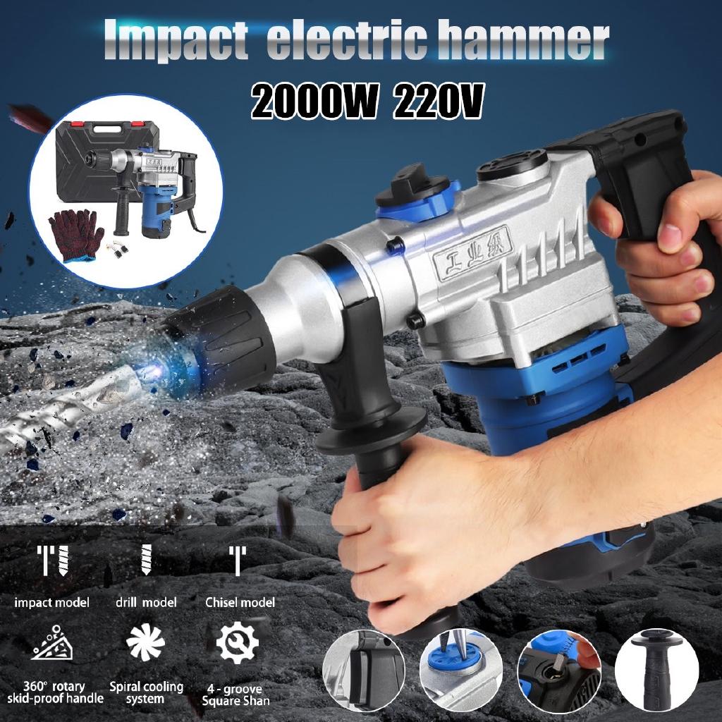 800rpm Electric Impact Demolition Hammer Drill Concrete Breaker Chisels 360Rotary AC 220V 50Hz 2000W