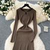 Autumn Winter Women V-neck Full Sleeve Casual Knitted Pullover Sweater Long Midi Dresses