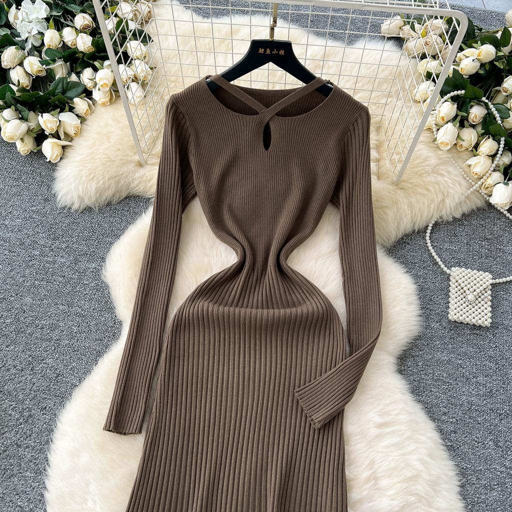 Autumn Winter Women V-neck Full Sleeve Casual Knitted Pullover Sweater Long Midi Dresses