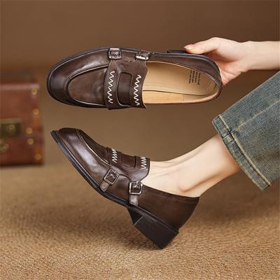 Fashion New Spring/autumn Genuine Leather Women Shoes Round Toe Shoes for Women Fashion Retro Loafers Mid Heels Breathable Women Pumps