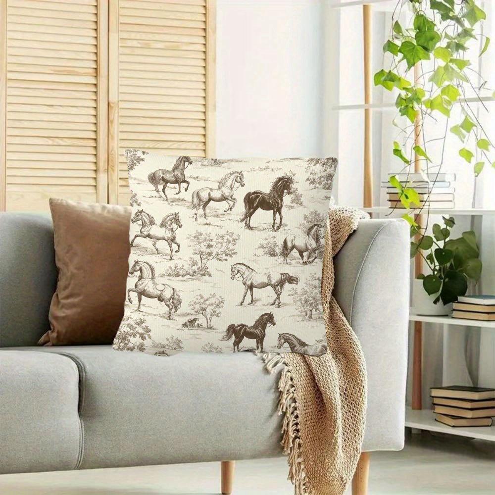 1 Stück, Kurzes Plüsch-Dekokissenbezug, Elegantes Vintage-Pferderassen-Toile-Muster, Einseitiger Druck, 18x18 Zoll, Geeignet
