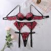 Hot Sexy Red Rose Embroidery Lingerie Sets With Garter Belt Womens 3 Piece Underwear Set Transparent Floral Lace Bra Brief Sets