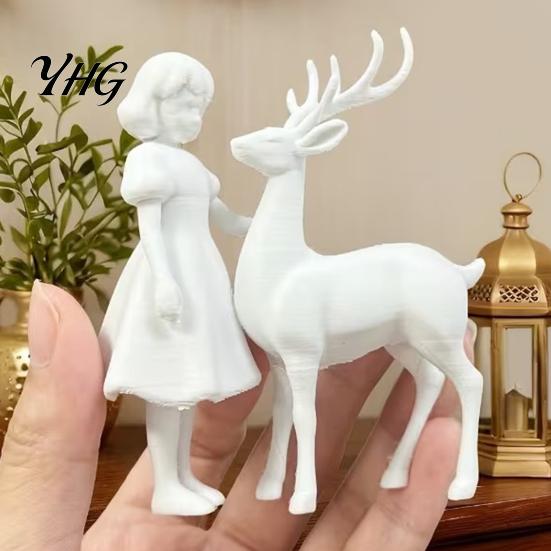 Study Room Desktop Decorations Girl And Deer Figurine, 3D Printed White Artistic Statue, Tabletop Fairy Tale Style Home Decor Ornament Sculpture