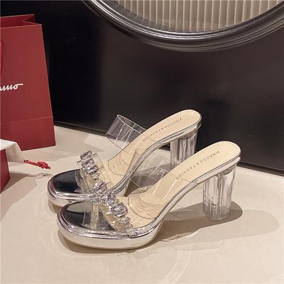 Women's Summer Outer Wear In Spring 2025 New Transparent Rhinestone Waterproof Table Crystal Thick Heel Fairy Wind Fairy Cool Slippers