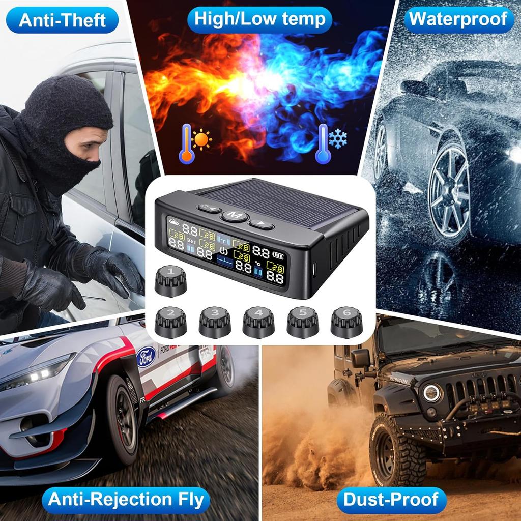 RV Tire Pressure Monitoring System -TPMS Tire Pressure Monitor With 6 Sensors,M12-3 TPMS Solar Charge & USB Color LCD Display, 0-9.9BAR/144PSI Range,
