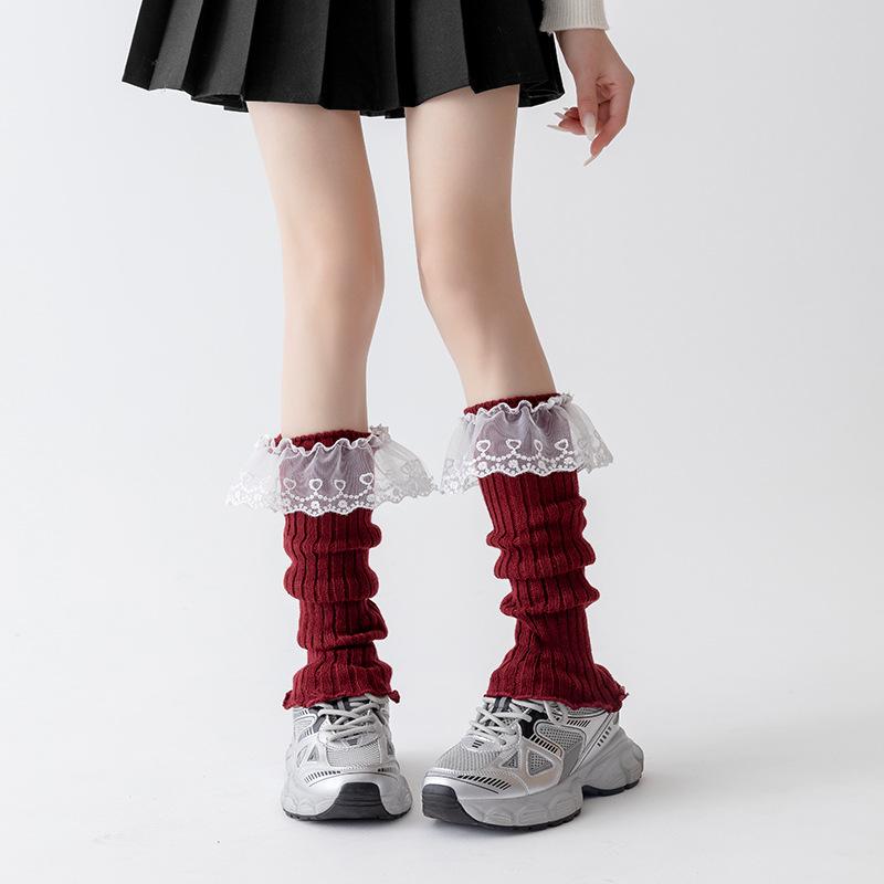 Women's Autumn Winter Red Leg Warmer Lolita Lace Frilly Heap Sock JK Knitted Foot Cover Arm Warmer Christmas New Year Boot Cuffs