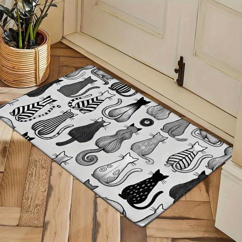 Flannel Thickness 0.47inch Thick - 1pc Black and White Minimalist Door Mat, Black and White Cat Silhouette Print Absorbent Non-S 40cm x 60cm