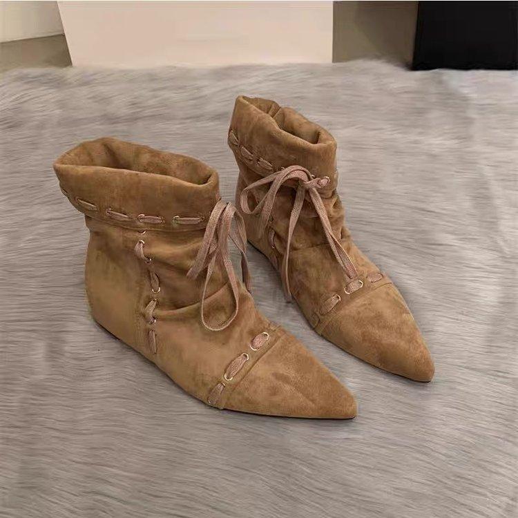 Folded pointed short boots women's flat bottom straps 2025 summer and autumn new retro niche Maillard western cowboy boots