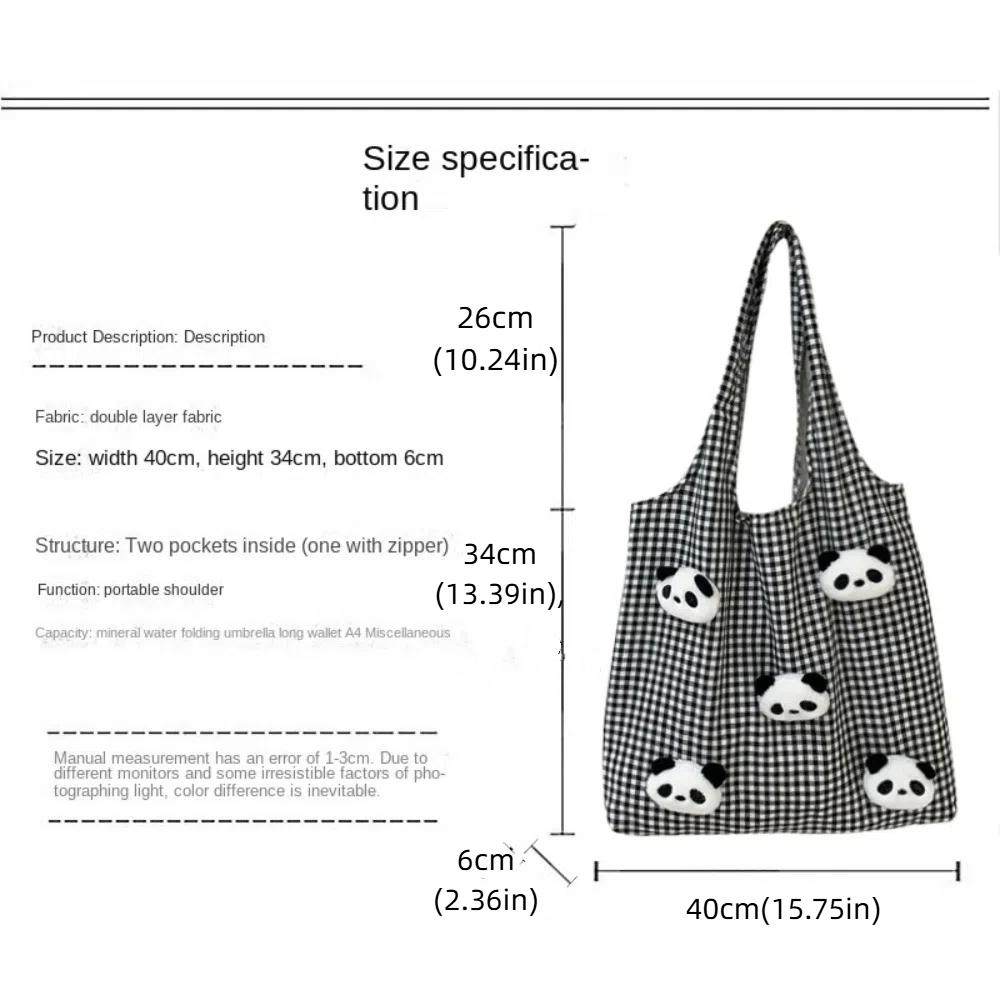 Vacation Canvas Shopping Bag Panda Doll Office Worker Handbag Casual Plaid Shoulder Bags  Outdoor