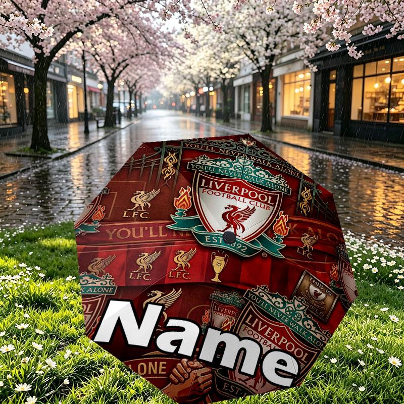 Custom Name Personalized Liverpool Football Club Print Umbrella, Auto Open Close, 8‑Rib Sturdy Frame, Commute Camping Hiking Use, Birthday Gift