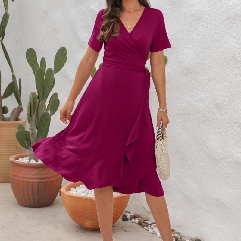 

GMXIA V-Neck High Waist Tie Dress Solid Long Short Sleeve Dresses Holiday Travel Dresses XXL ярко-розовый